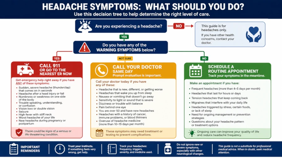 Decision tree showing which headache symptoms need 911, a same-day call to a doctor, or a routine appointment