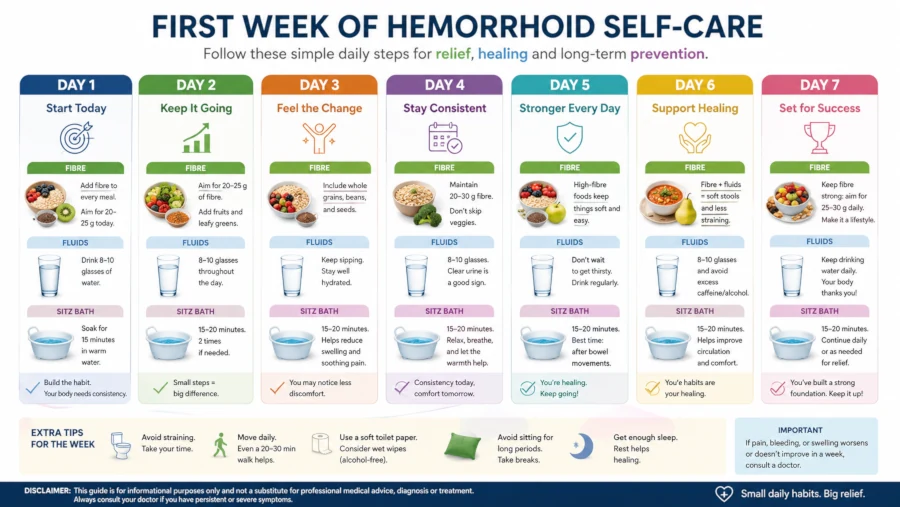 Step-by-step sequence for the first week of hemorrhoid self-care including fibre, fluids and sitz baths