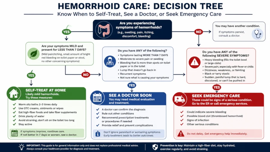 Decision tree showing when to self-treat hemorrhoids, when to see a doctor and when to seek emergency care.