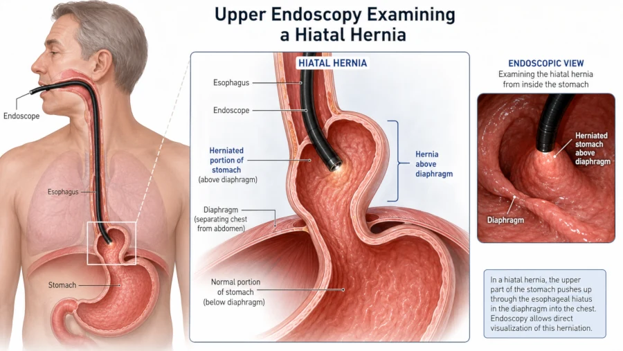 Upper endoscopy examining a hiatal hernia above the diaphragm