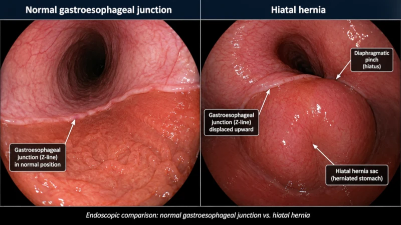Normal gastroesophageal junction compared with a hiatal hernia seen during endoscopy