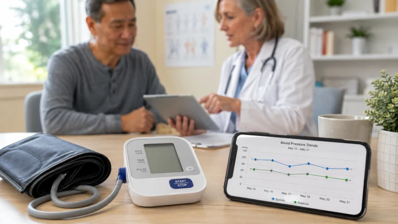 Home blood pressure monitor beside a phone showing blood pressure trends for discussion with a healthcare professional