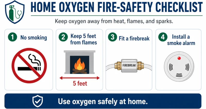 Home oxygen fire-safety checklist: no smoking, keep five feet from flames, fit a firebreak, install a smoke alarm.