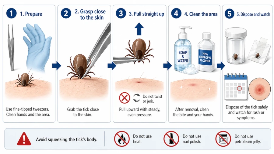 Step-by-step diagram of removing a tick with fine-tipped tweezers.
