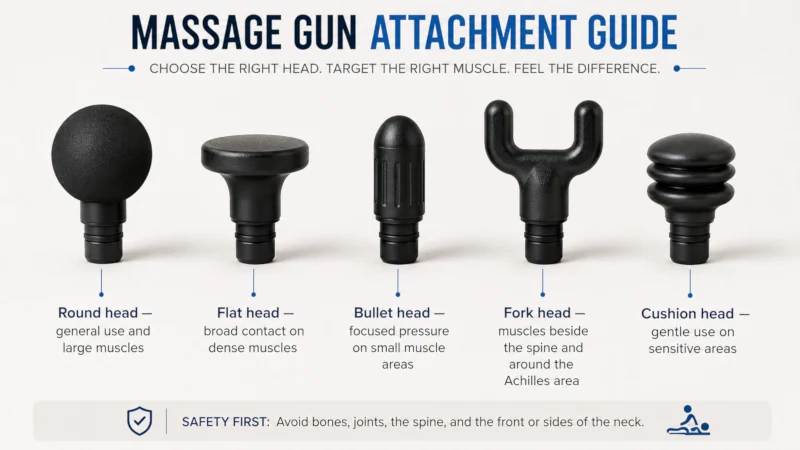 Labeled photo of different massage gun attachment heads showing the round, flat, bullet, fork, and cushion heads with their intended uses.