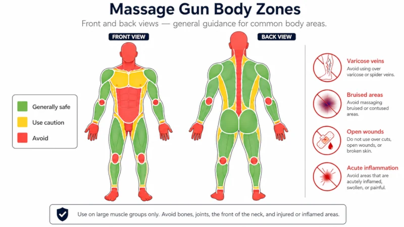 Diagram of a human body highlighting areas safe for massage gun use in green and areas to avoid in red.