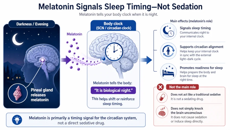 Diagram showing melatonin signalling sleep timing to the body clock rather than causing sedation