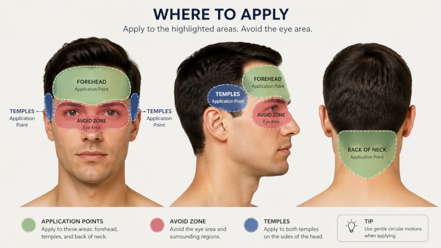 Head diagram marking forehead, temples and back of neck as application points, with the eye area marked as an avoid zone
