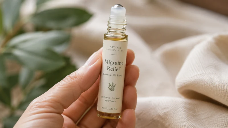Glass rollerball bottle of essential oil migraine stick held in a hand