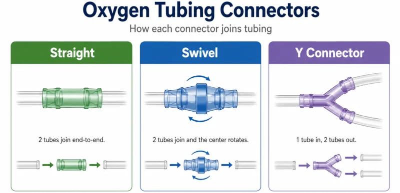 Diagram comparing straight, swivel, and Y oxygen tubing connectors and how each joins tubing.
