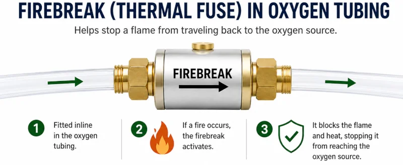 A firebreak (thermal fuse) fitted inline in oxygen tubing to stop a flame travelling back to the source.