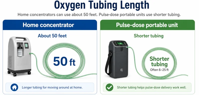 Infographic showing about 50 feet of tubing for home concentrators and shorter tubing for pulse-dose portable units.