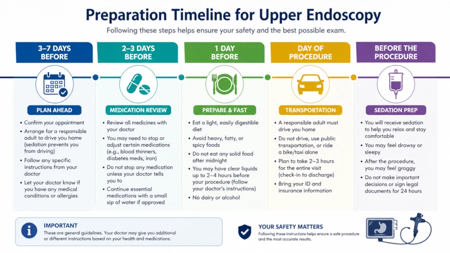Preparation timeline for fasting, medication review, transportation, and sedation before upper endoscopy
