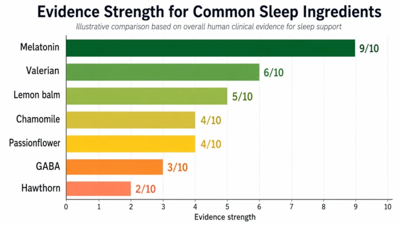 Bar chart comparing evidence strength for melatonin, valerian, chamomile, passionflower, GABA, hawthorn and lemon balm as sleep ingredients