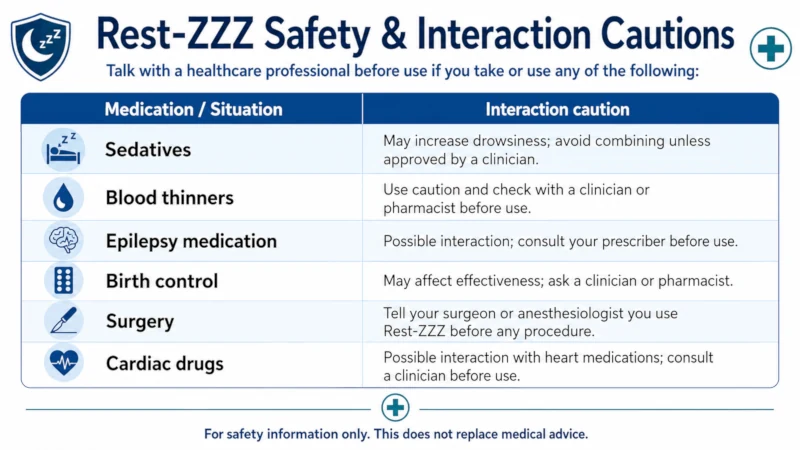 Safety table listing sedatives, blood thinners, epilepsy medication, birth control, surgery and cardiac drugs as interaction cautions for Rest-ZZZ