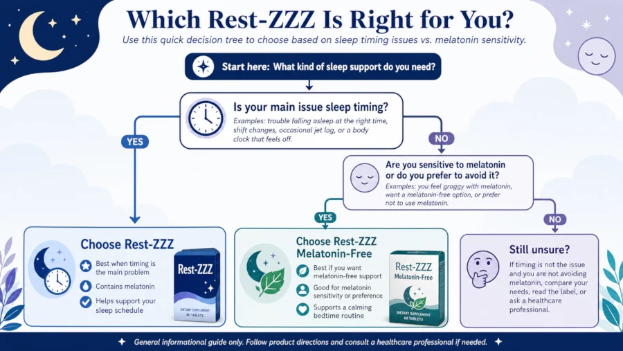 Decision tree helping readers choose between LifeSeasons Rest-ZZZ and Rest-ZZZ Melatonin-Free based on timing problems versus melatonin sensitivity