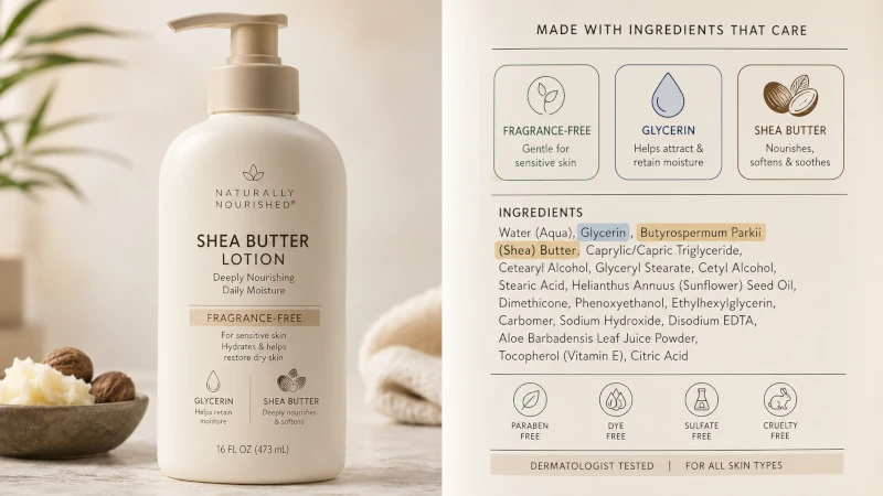 Ingredient label on a shea butter lotion bottle highlighting fragrance-free, glycerin, and shea butter.
