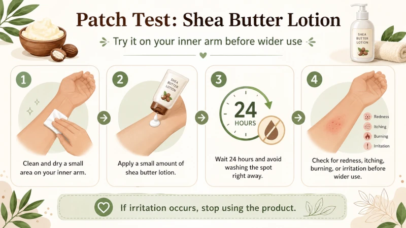 Patch test steps for trying shea butter lotion on the inner arm before wider use.