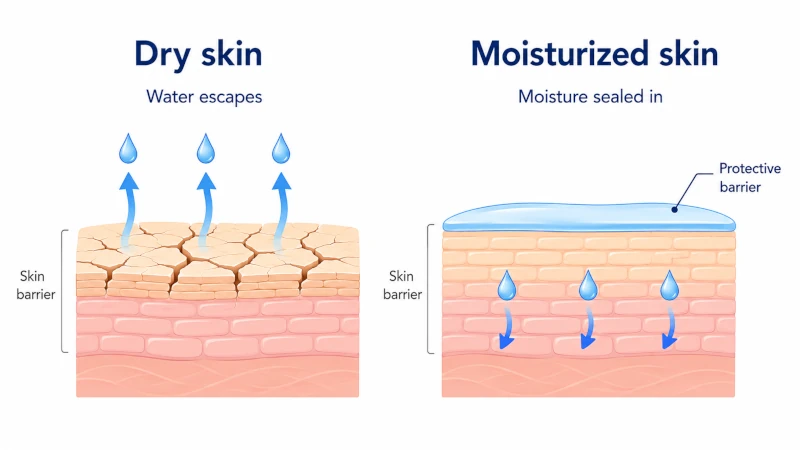 Diagram showing dry skin losing water and moisturizer helping seal moisture in.