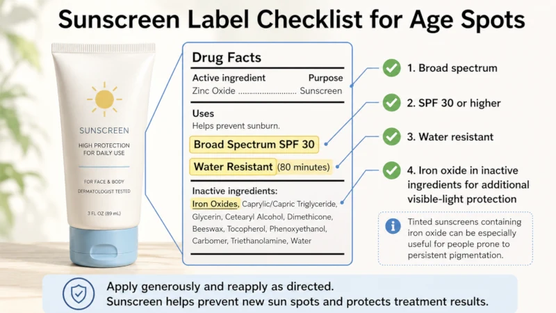 Sunscreen label marked to show broad-spectrum protection, SPF 30 or higher, water resistance, and iron oxide in the inactive ingredients.
