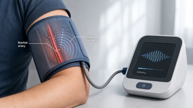 Illustration of an upper-arm cuff detecting pulse pressure oscillations during automatic blood pressure measurement