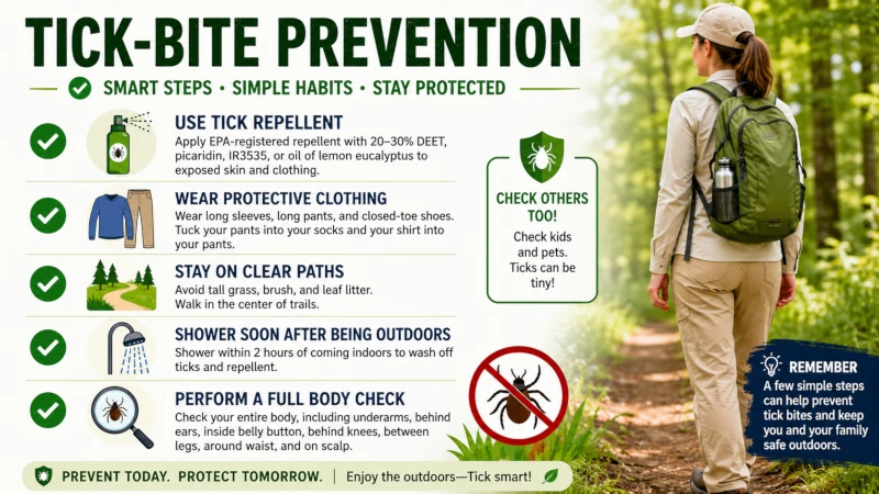 Checklist of tick-bite prevention steps including repellent, long clothing, and body checks.