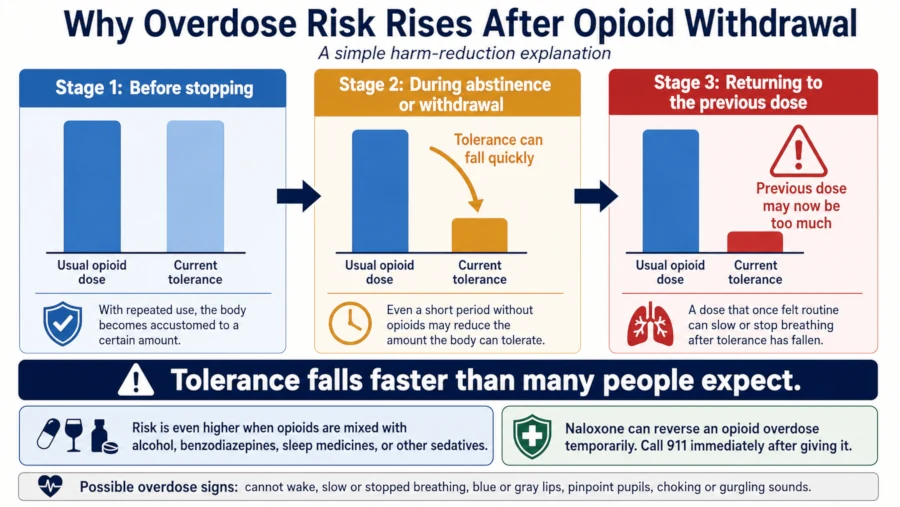 Diagram showing how opioid tolerance falls during withdrawal so a previously routine dose can cause overdose