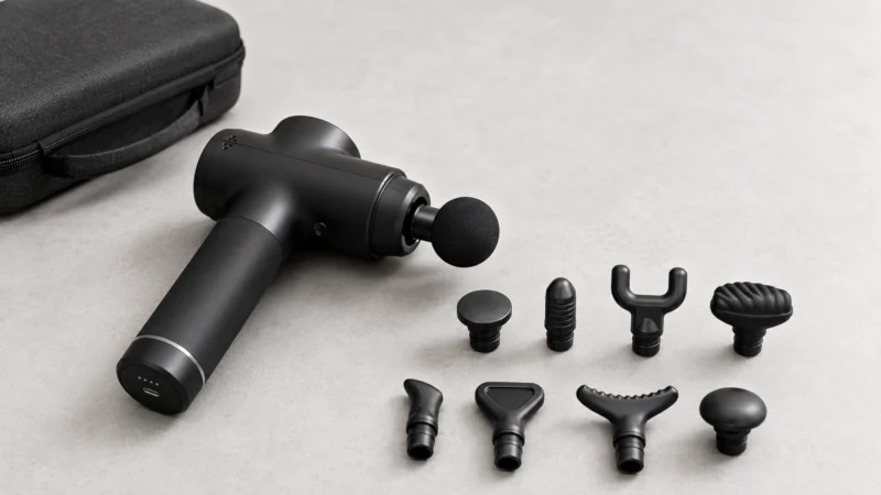 Toloco massage gun next to its included attachment heads arranged on a surface.
