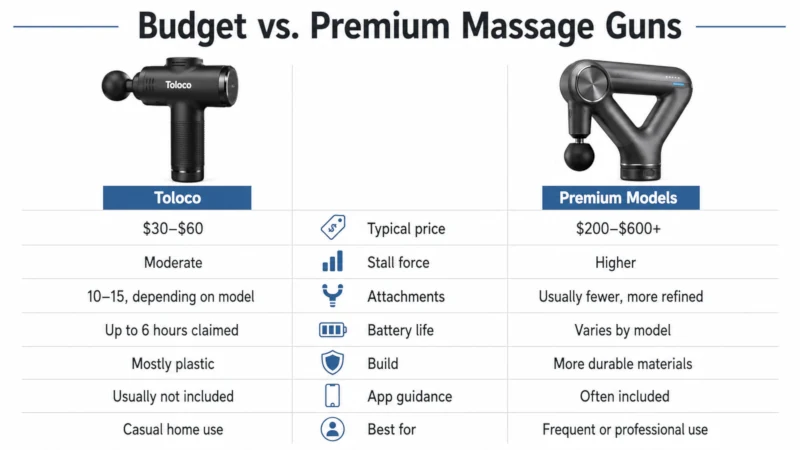 Side-by-side comparison chart of the Toloco massage gun and premium alternatives showing price, stall force, warranty, and features.