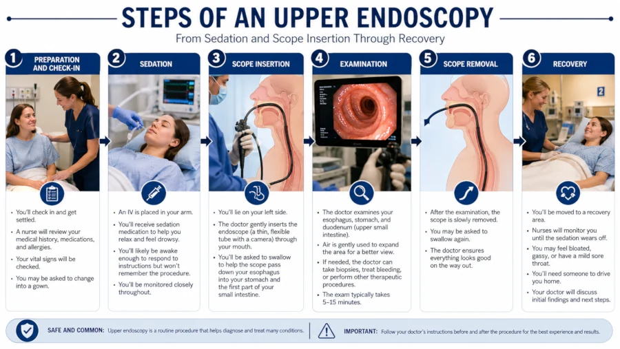 Steps of an upper endoscopy from sedation and scope insertion through recovery