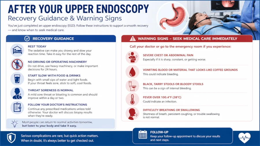 Recovery guidance and warning signs following an upper endoscopy
