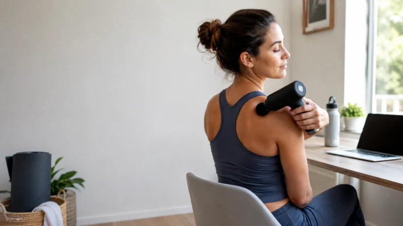 Person using a handheld massage gun on their upper back muscles.