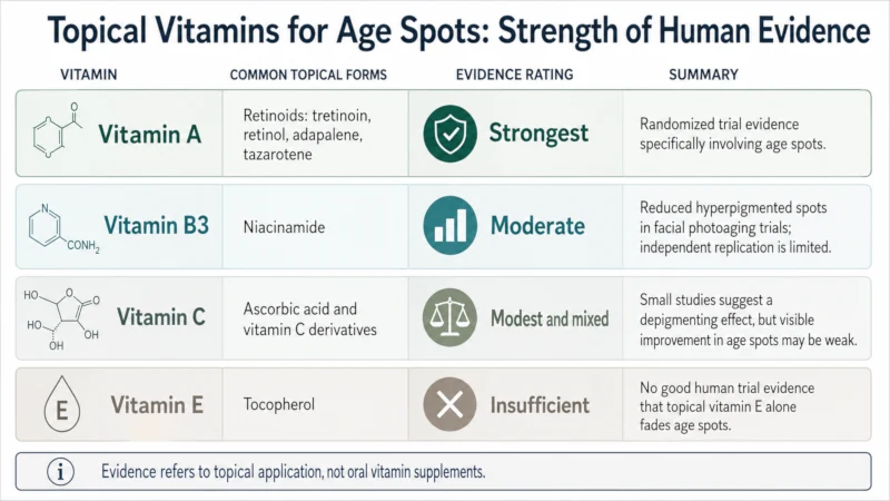Chart ranking topical vitamins for age spots such as A, B3, C, and E by the strength of human evidence for fading age spots.
