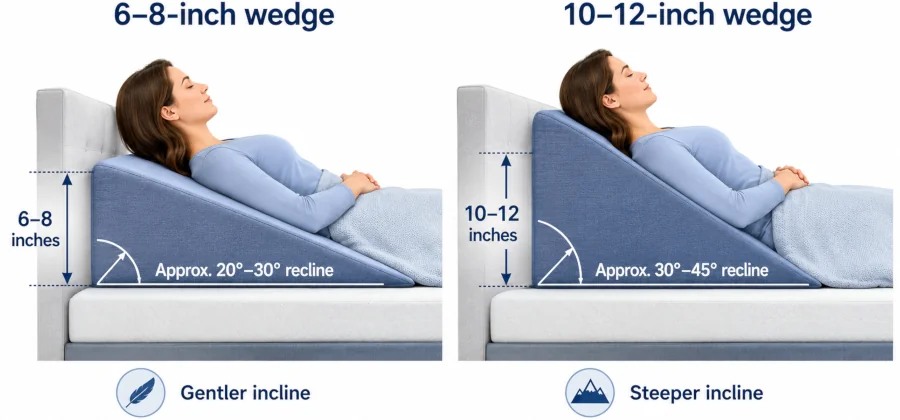 Illustration comparing 6-to-8-inch and 10-to-12-inch wedge pillow heights and recline angles.