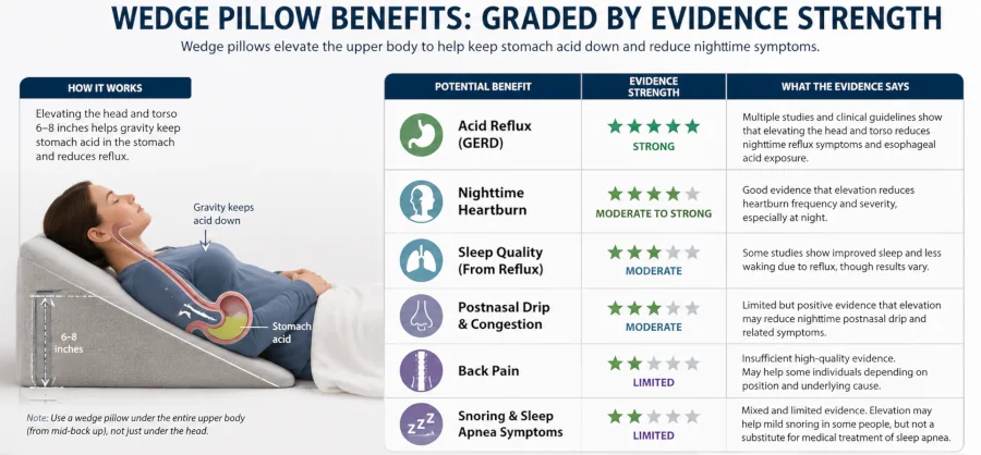 Chart grading wedge pillow benefits by evidence strength, from acid reflux to back pain.