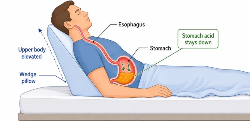 Side-view diagram of a person on a wedge pillow showing the upper body raised so stomach acid stays down.