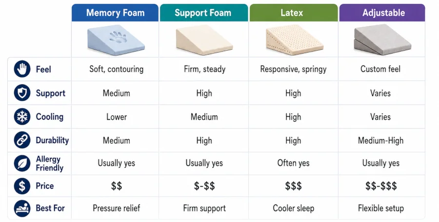 Comparison of memory foam, support foam, latex, and adjustable wedge pillow materials.
