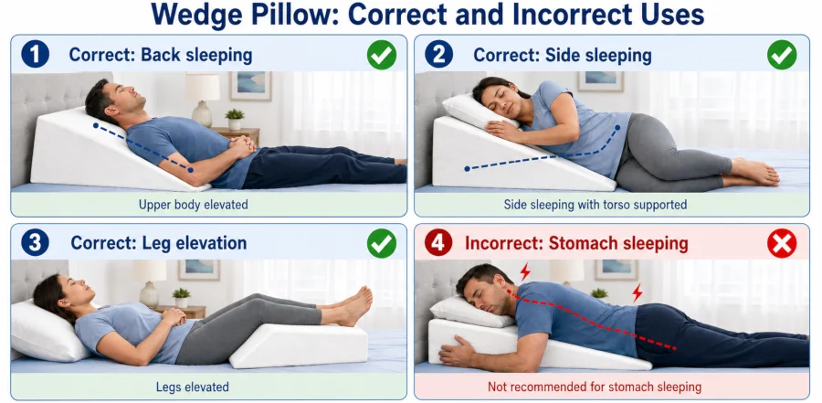 Wedge pillow used correctly for back, side, and leg elevation, and incorrectly for stomach sleeping.