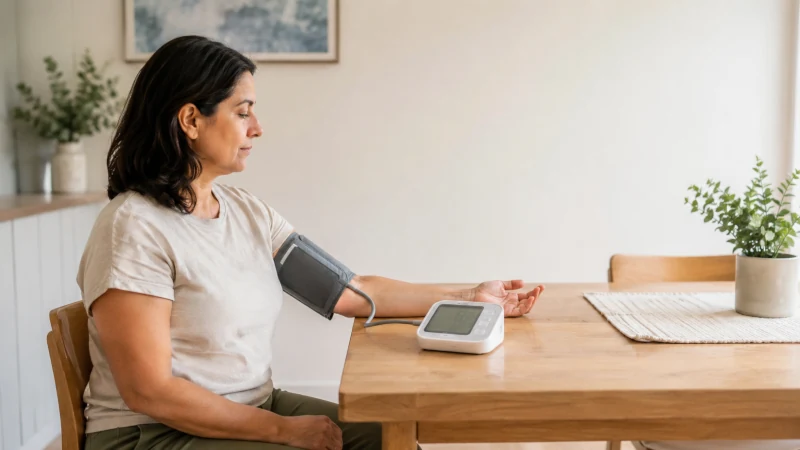 Welch Allyn blood pressure monitor being used correctly with an upper-arm cuff at a table