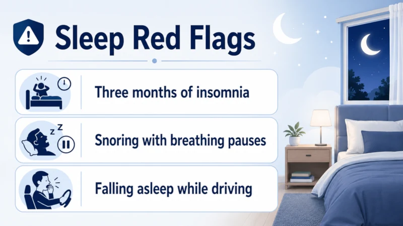 List of sleep red flags including three months of insomnia, snoring with breathing pauses, and falling asleep while driving