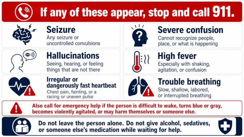 List of emergency warning signs when using natural home remedies for drug detox and dealing with withdrawal symptoms including seizure, fever, severe confusion, hallucinations, irregular heartbeat, and trouble breathing