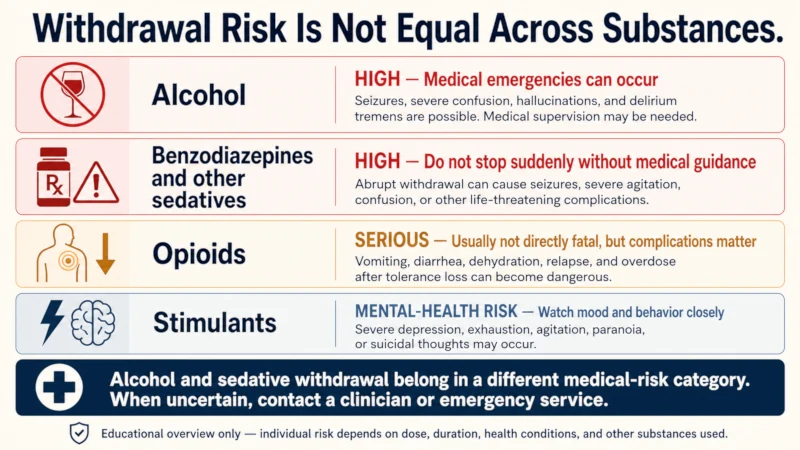 Chart comparing alcohol, benzodiazepines, opioids and stimulants by how risky unsupervised withdrawal is
