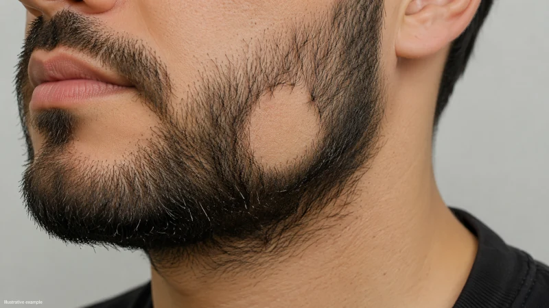 Educational illustration of a smooth round bald patch within a beard consistent with the appearance of alopecia barbae