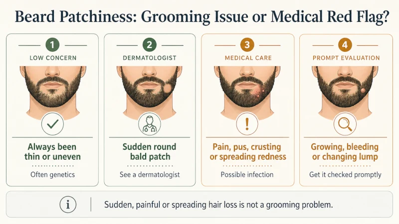 Guide to beard hair loss warning signs including sudden round bald patches, painful bumps, scarring, and changing lumps