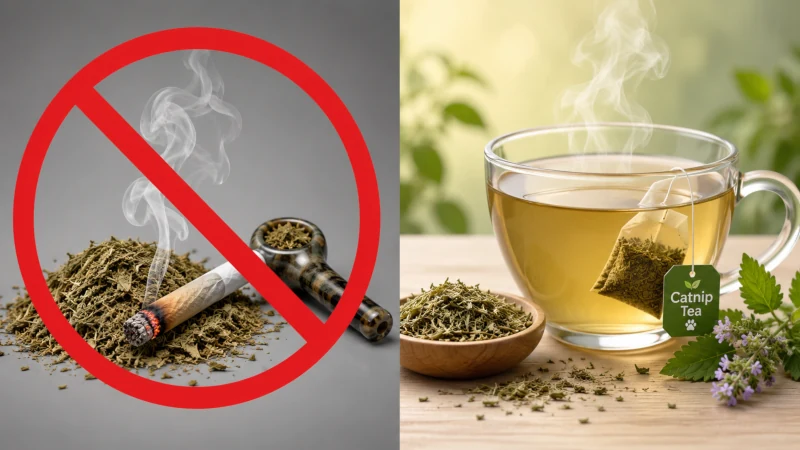 Split image showing dried catnip smoke crossed out and a cup of catnip tea which answers the can you smoke catnip question