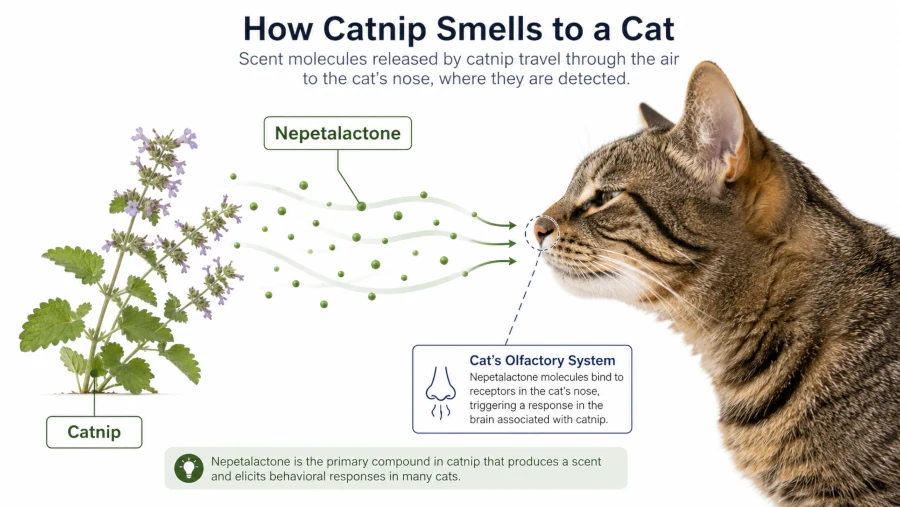 Diagram of a cat smelling catnip with nepetalactone labeled