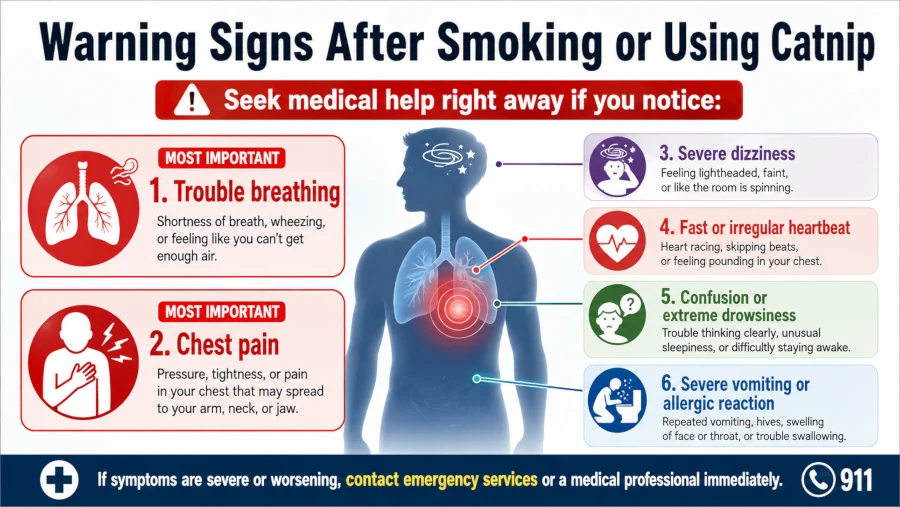 Warning signs after smoking or using catnip including trouble breathing and chest pain