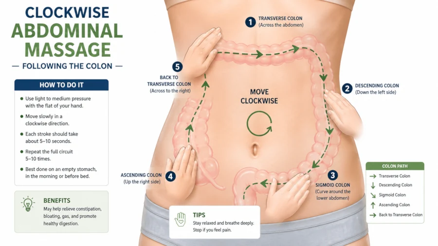 Diagram showing clockwise abdominal massage direction following the colon