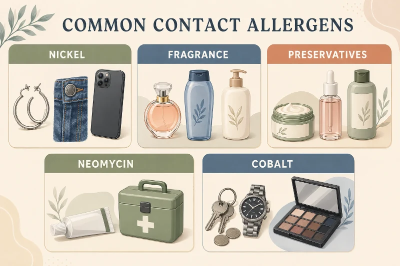 Common contact allergens including nickel, fragrance, preservatives, neomycin, and cobalt with typical everyday sources