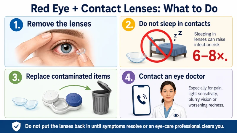 Contact lens red eye safety steps showing removal of lenses, avoiding sleeping in lenses, replacing the case and contacting an eye doctor